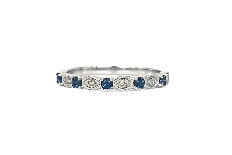 10K White Gold Round Cut Sapphire and 0.05cttw Diamond Stack Ring - Size 7