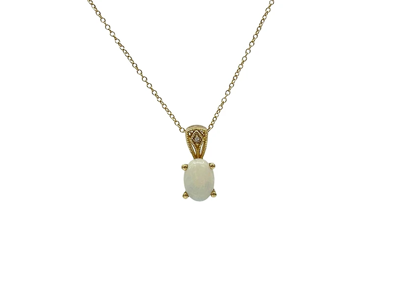 10K Yellow Gold Opal and Diamond Pendant, 18"