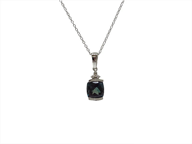 10K White Gold 6mm Cushion Cut Created Alexandrite & 0.007cttw Diamond Pendant, 17"