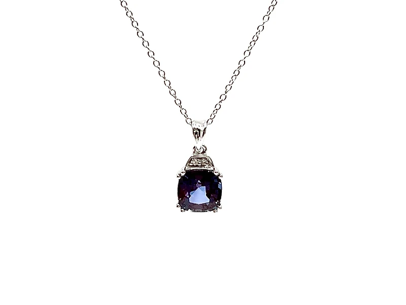 10K White Gold 6mm Cushion Cut Created Alexandrite & 0.01cttw Diamond Pendant, 18"