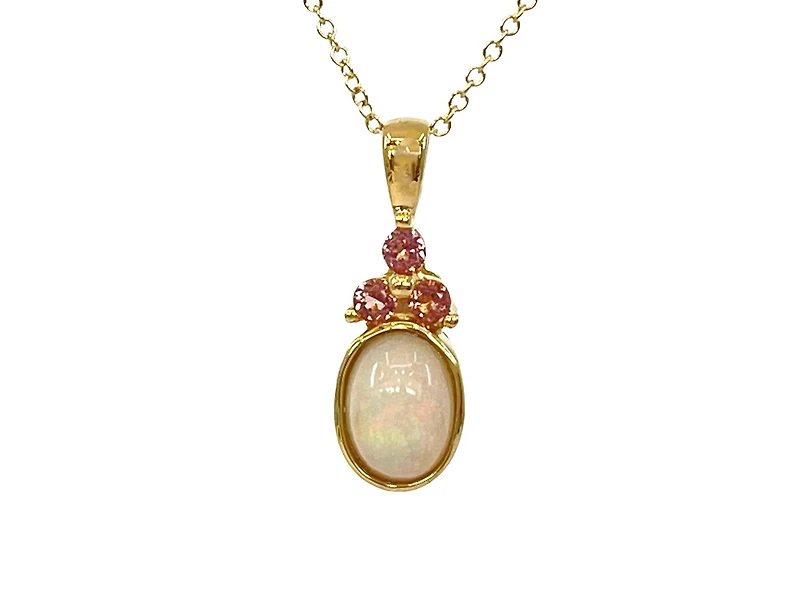 10K Yellow Gold 7x5mm Oval Cut Opal and Round Cut Pink Tourmaline Pendant - 18 Inches