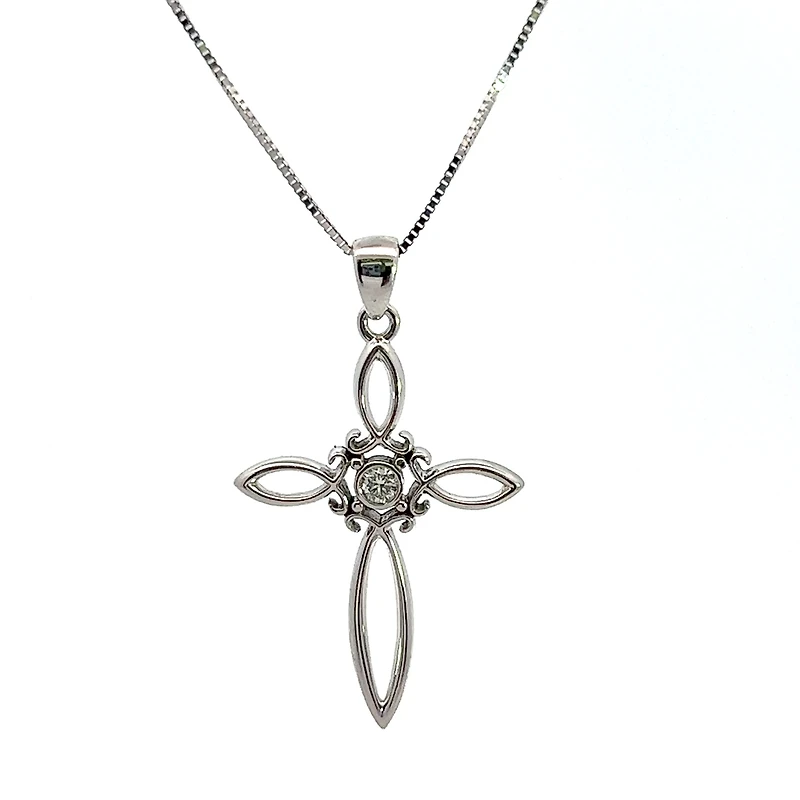 10K White Gold 0.05cttw Diamond Cross Necklace, 18"