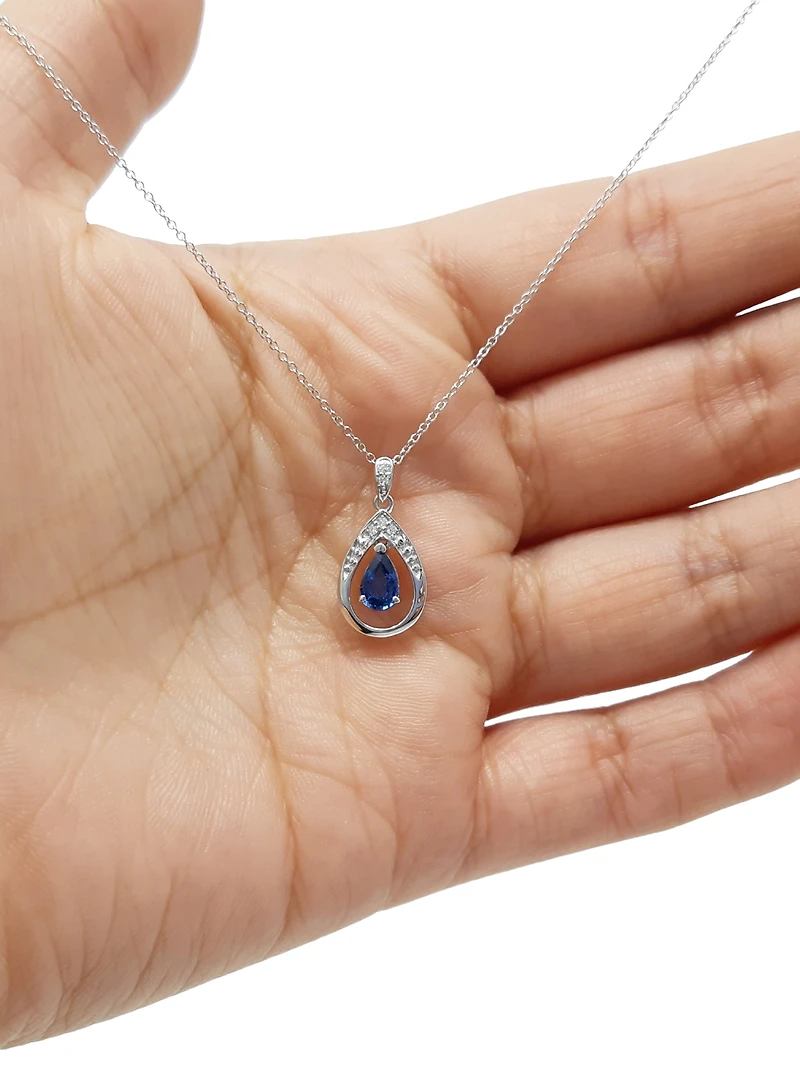 10K White Gold Sapphire and Diamond Pendant, 18"