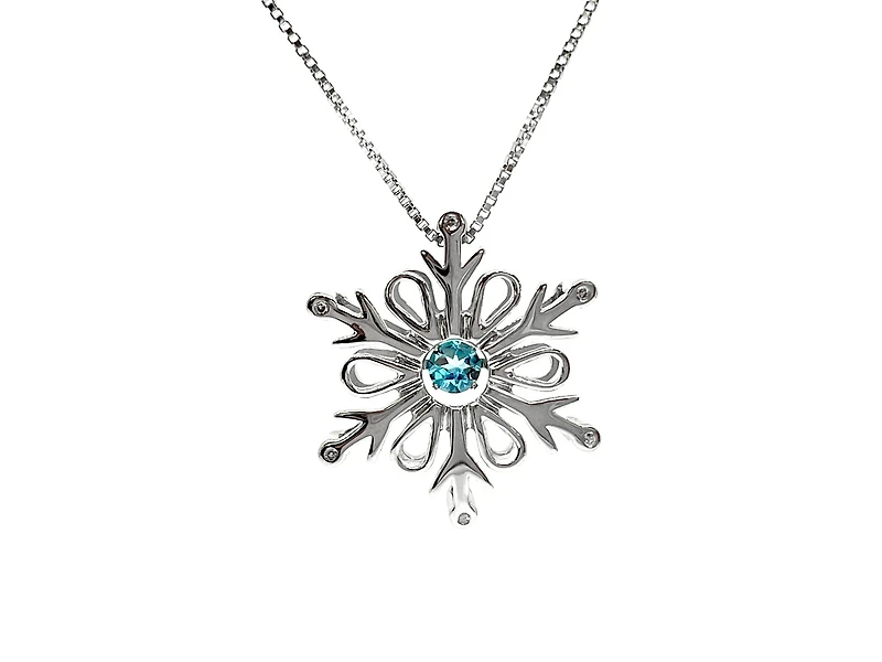 925 Sterling Silver 3.5mm Blue Topaz and 0.018cttw Diamond Snowflake Pulse Pendant - 18"