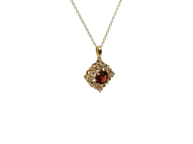 10K Yellow Gold 5mm Round Cut Garnet and 0.09cttw Diamond Pendant - 18 inches
