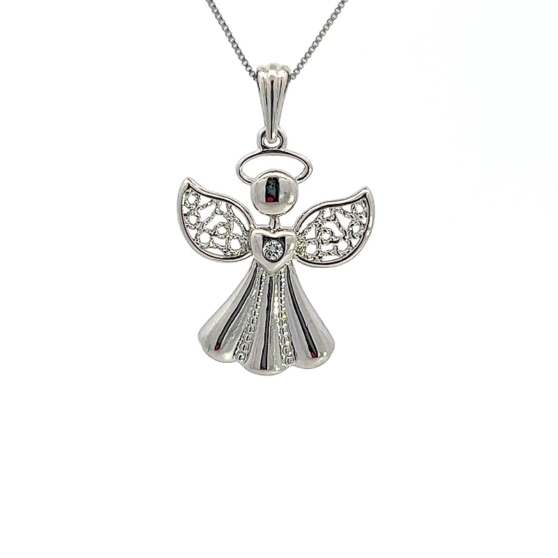 10K White Gold 0.015 cttw  Diamond  Angel Pendant, 18"