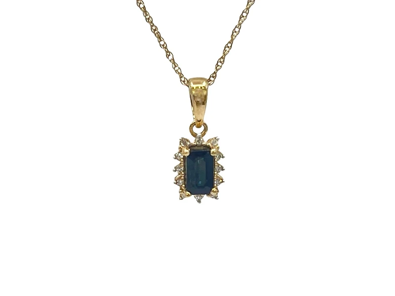 10K Yellow Gold 6x4mm Emerald Cut Sapphire and 0.04cttw Diamond Pendant, 18"