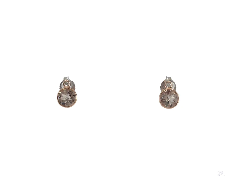 10K Two Tone Rose and White Gold 5mm Morganite and 0.02cttw Diamond Stud Earrings.