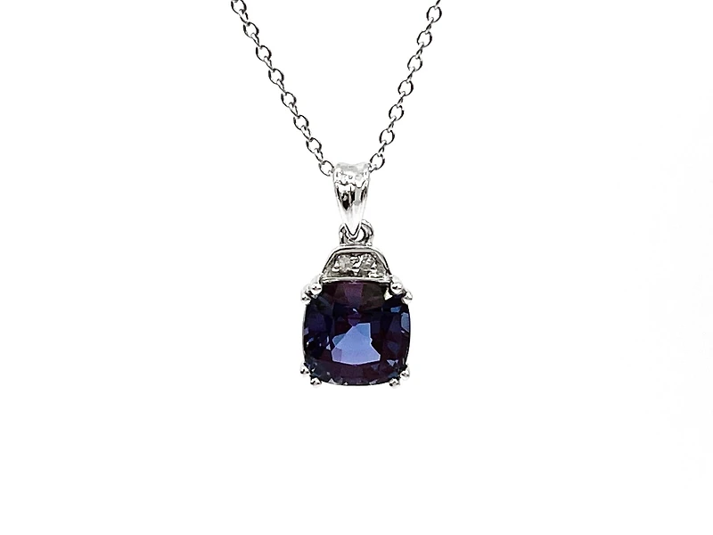 10K White Gold 6mm Cushion Cut Created Alexandrite & 0.01cttw Diamond Pendant, 18"