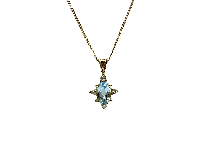 10K Yellow Gold 0.22cttw Aquamarine and 0.03cttw Diamond Pendant, 18"