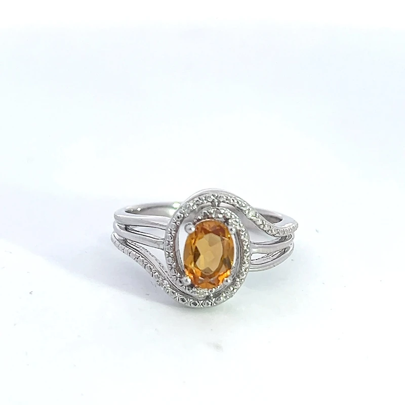 925 Sterling Silver Citrine & Diamond Ring - 4.5