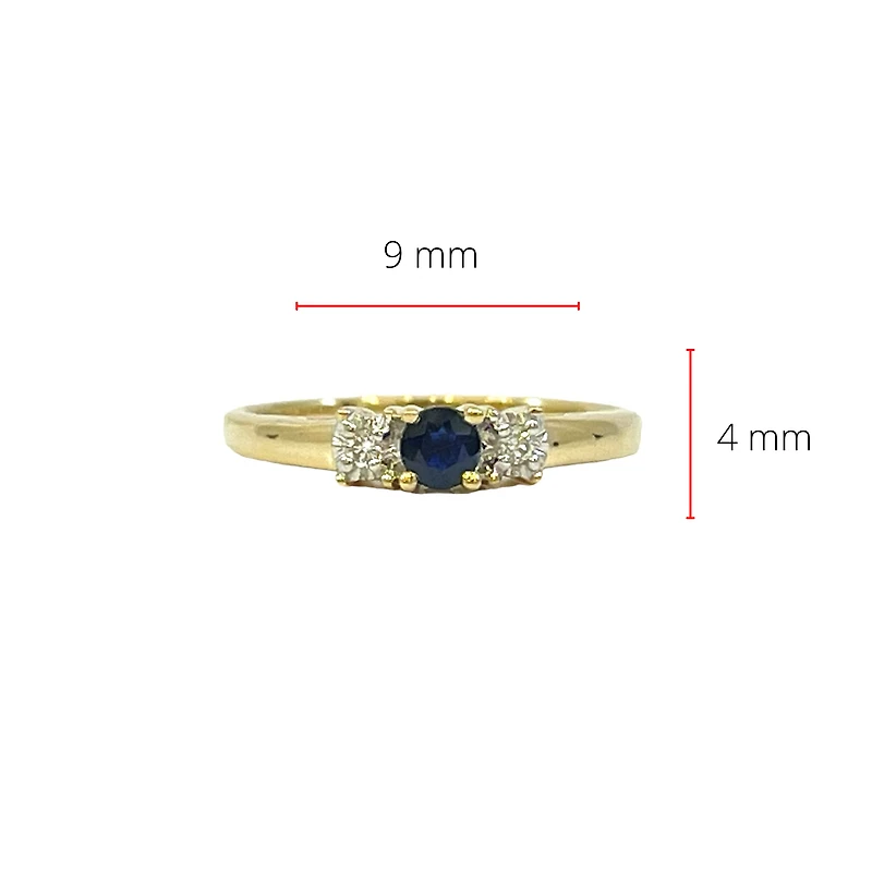 10K Yellow Gold Sapphire and Diamond 3 Stone Ring - Size 6