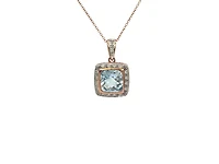 10K Rose Gold 8mm Cushion Cut Blue Topaz and 0.063cttw Diamond Pendant, 18"