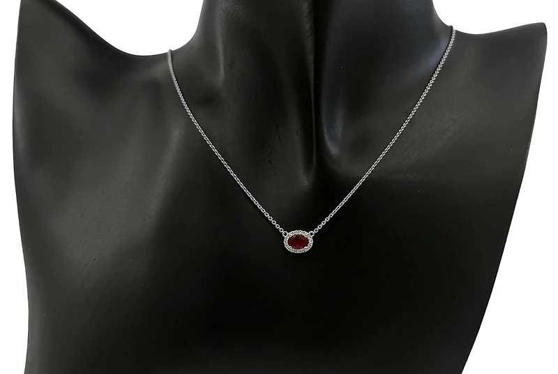 18K White Gold Ruby and Diamond Halo Necklace, 16-18"