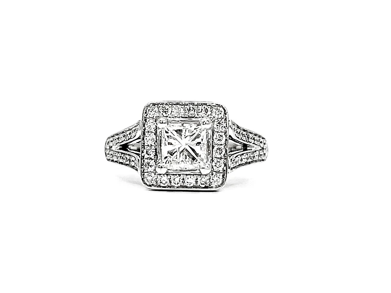 14K White Gold 1.27cttw Princess Cut Diamond Halo Engagement Ring, size 6