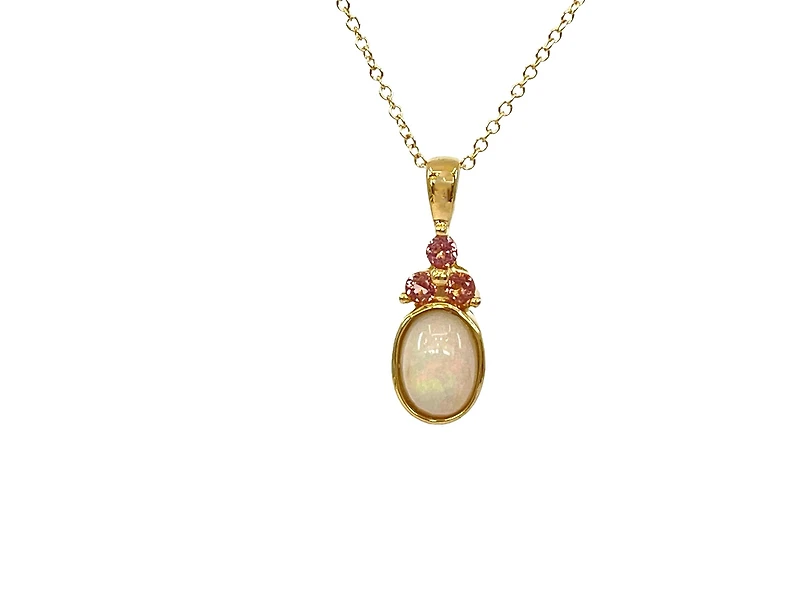 10K Yellow Gold 7x5mm Oval Cut Opal and Round Cut Pink Tourmaline Pendant - 18 Inches