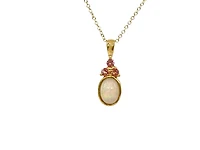 10K Yellow Gold 7x5mm Oval Cut Opal and Round Cut Pink Tourmaline Pendant - 18 Inches