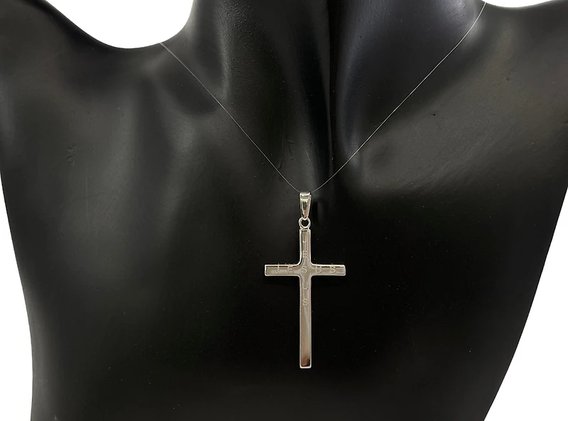 925 Sterling Silver 40mm x 21mm Hollow Cross Charm with "JESUS" Engraved