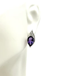 10K White Gold 10 x 6mm Genuine Amethyst and 0.07cttw Diamond Earrings