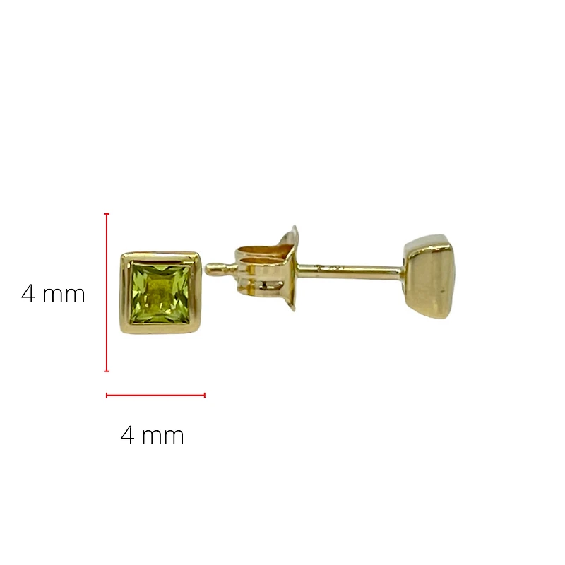 10K Yellow Gold 3mm Princess Cut Bezel Set Peridot Earrings