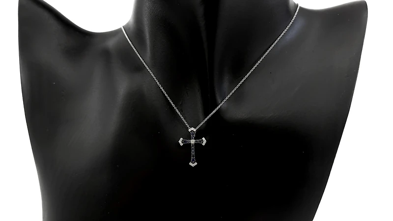 10K White Gold 0.15cttw Sapphire and 0.07cttw Diamond Cross Pendant - 18 inches