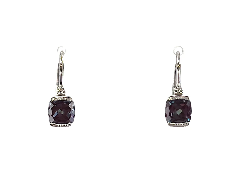 10K White Gold 5mm Cushion Cut Created Alexandrite and 0.01cttw Diamond Earrings