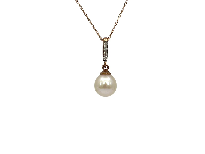 10K Rose Gold Fresh Water Pearl and Diamond Pendant, 18"