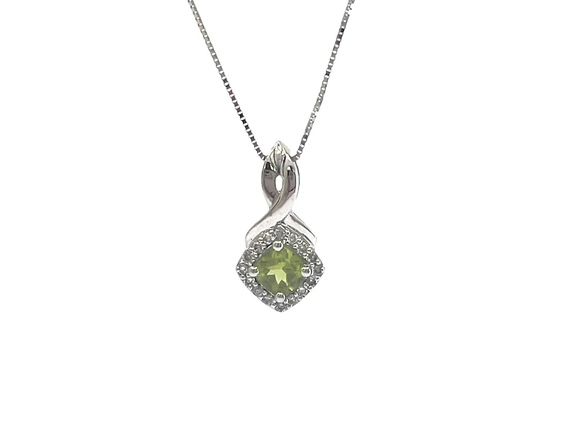 10K White Gold 0.40cttw Peridot and 0.08cttw Diamond Pendant, 18" Box Chain