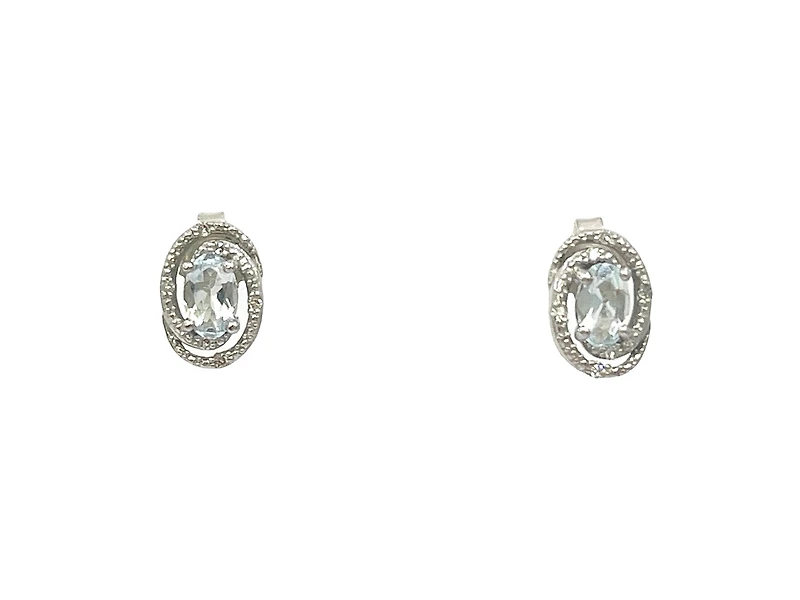 925 Sterling Silver Aquamarine & Diamond Halo Stud Earrings