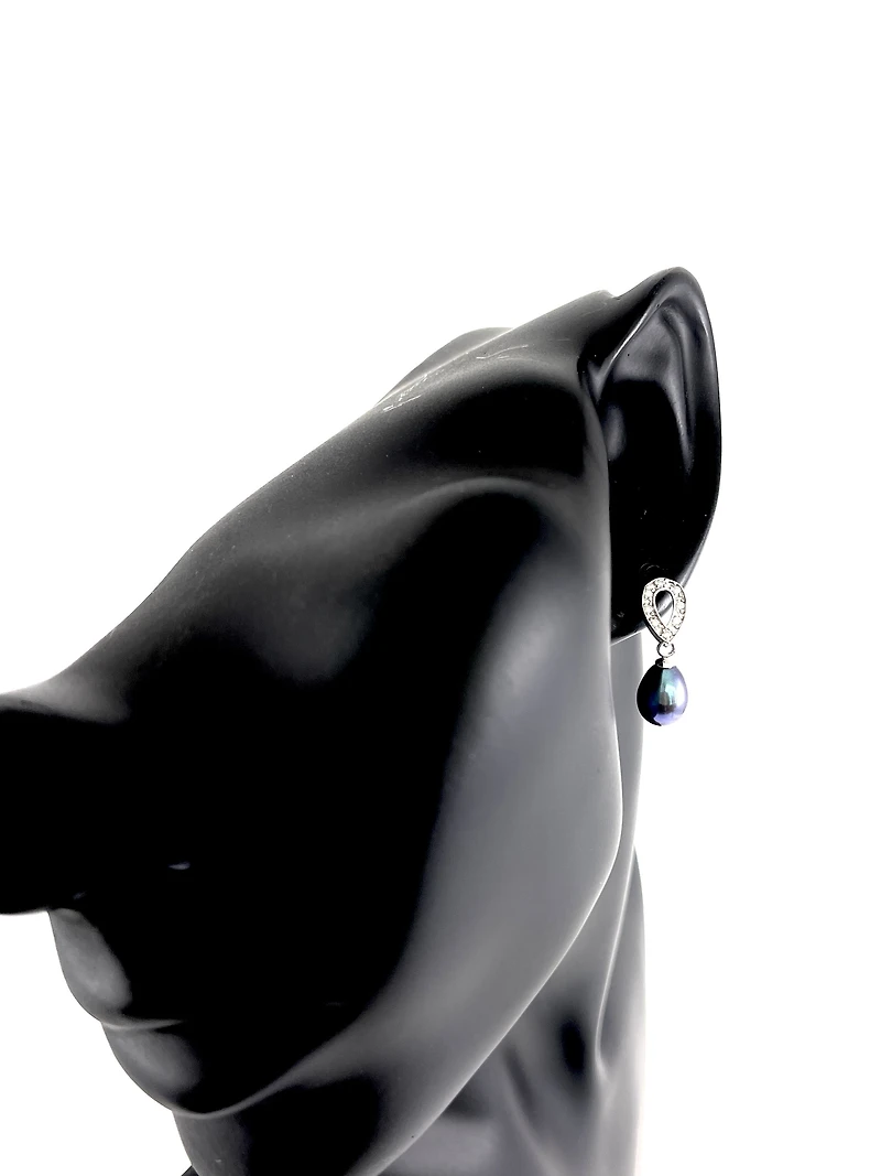 Fresh Water Black Pearl Silver & Cubic Zirconia Earrings