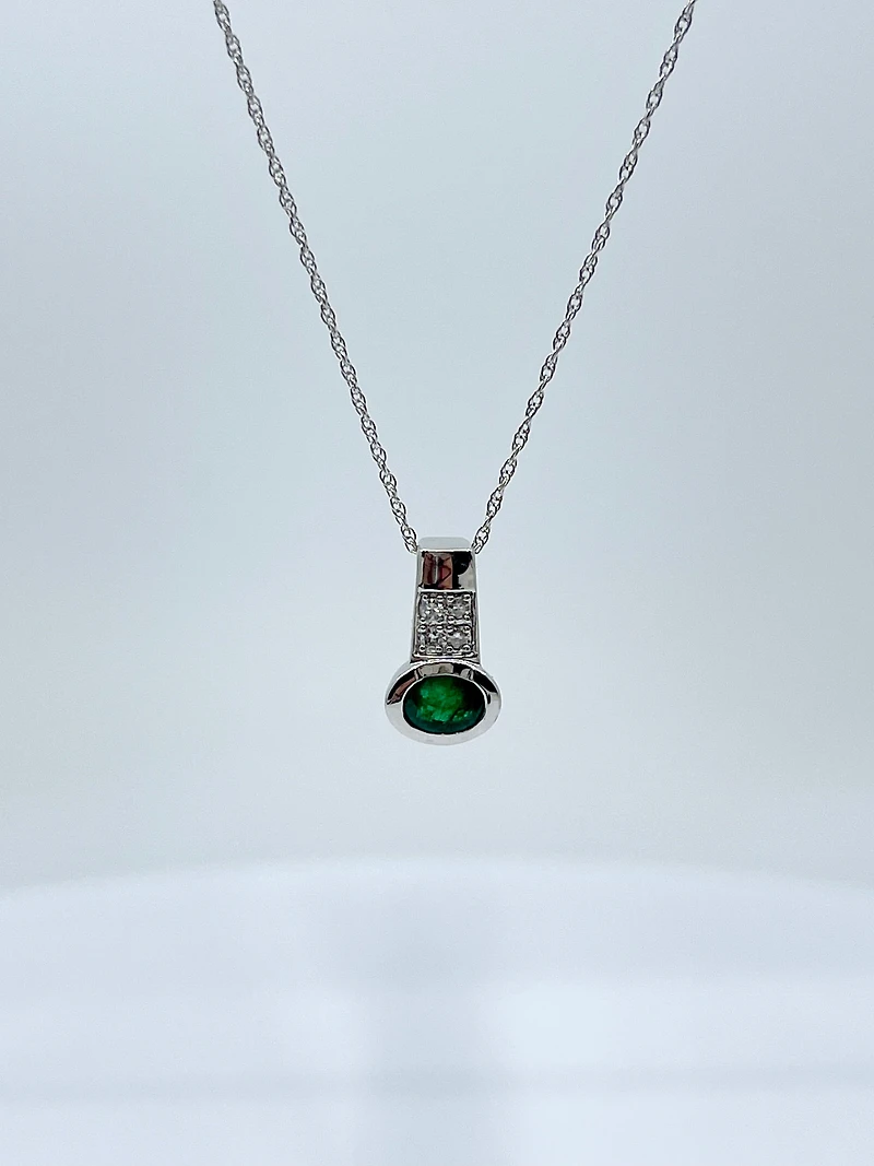 10K White Gold Genuine Emerald and Diamond Pendant, 18"