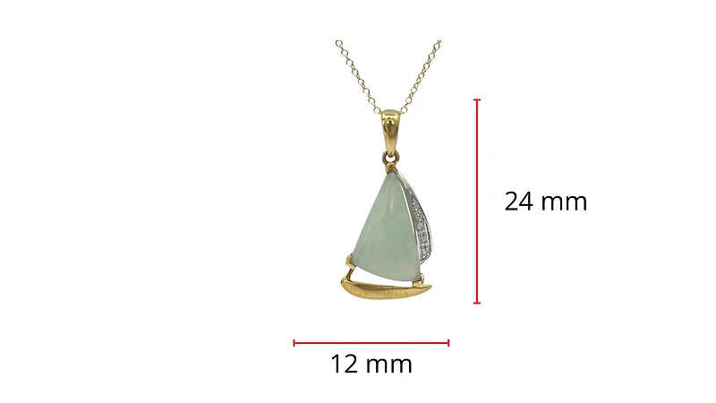 10K Yellow Gold Sailboat Shape Jade Pendant with Diamonds - 18"