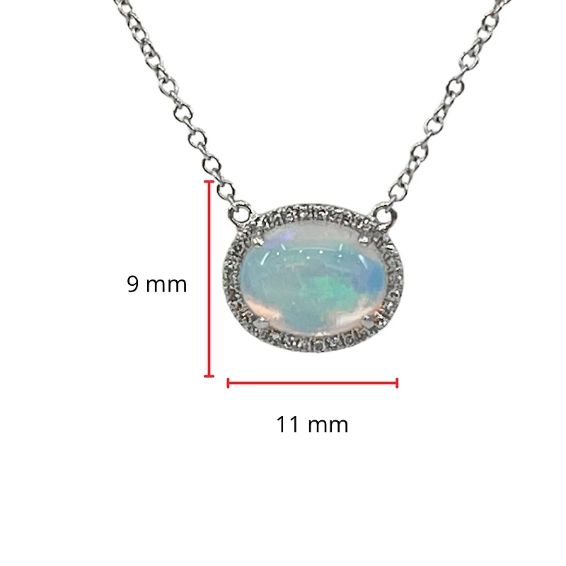 14K White Gold 1.02cttw Opal and 0.07cttw Diamond Halo Necklace, 18 Inches
