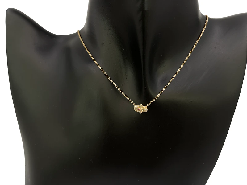 14K Yellow Gold Ruby and Diamond Hamsa Pendant, 18”