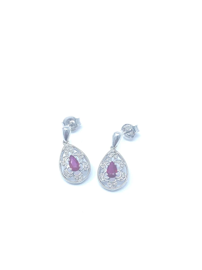10K White Gold 0.55cttw Genuine Ruby and 0.11cttw Diamond Earrings