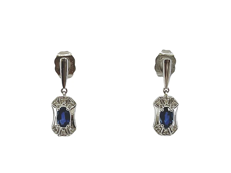 10K White Gold 0.55cttw Genuine Sapphire and 0.04cttw Diamond Dangle Earrings