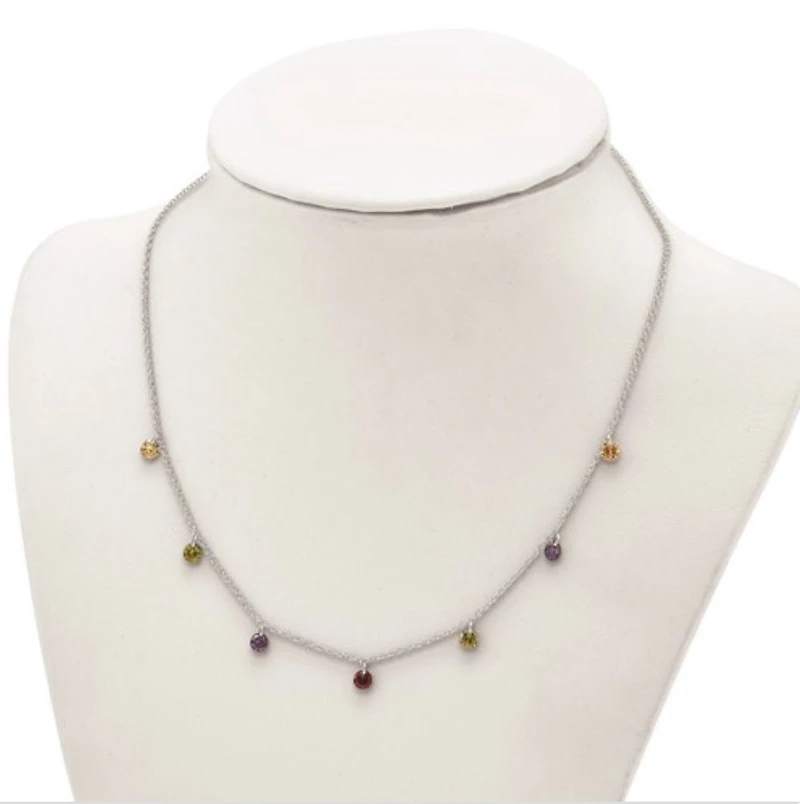 Sterling Silver Rhodium Plated 16 inch Dangling Colorful CZ Necklace with 2 inch Extender