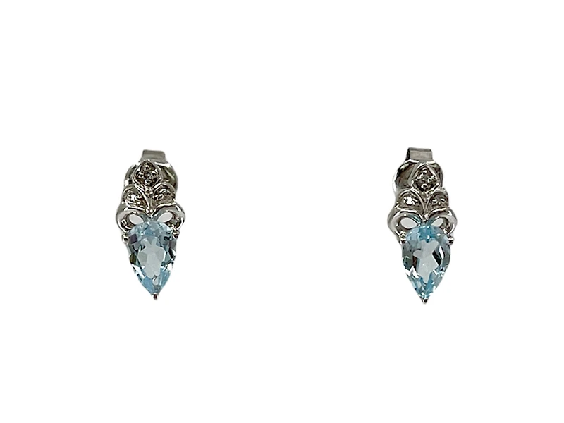 10K White Gold 6x4mm Pear Cut Swiss Blue Topaz and 0.03cttw Diamond Earrings