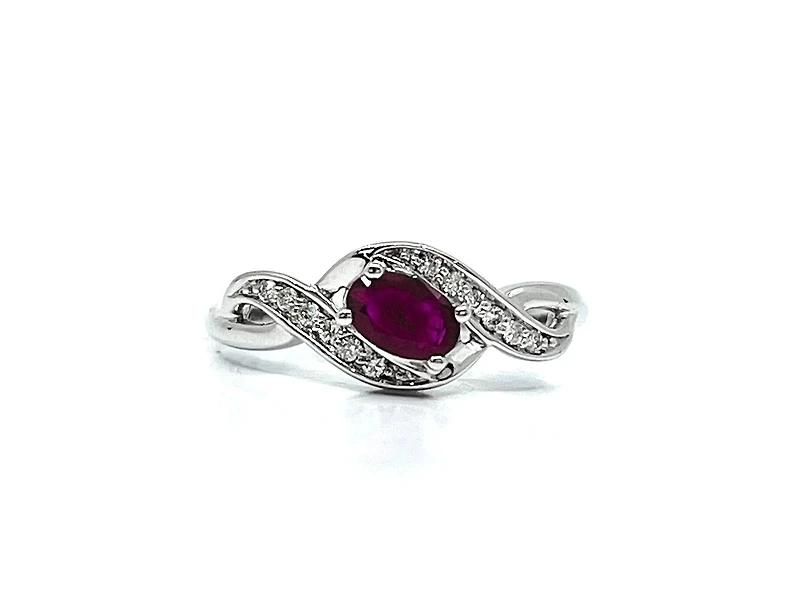 10K White Gold 0.09cttw Diamond with 0.60cttw Ruby Ring - 6.5 / 4.5