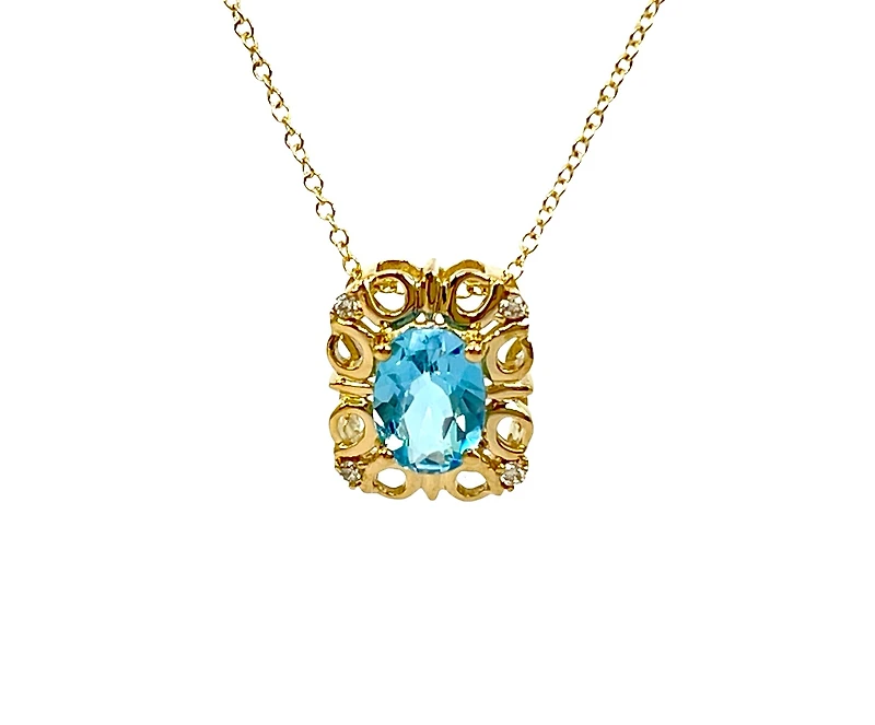 10K Yellow Gold 7x5mm Oval Cut Swiss Blue Topaz and 0.03cttw Diamond Necklace - 18 Inches