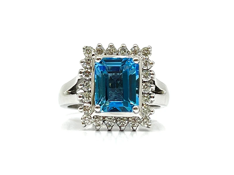 14K White Gold Genuine Blue Topaz and Diamond Ring, size 6.5