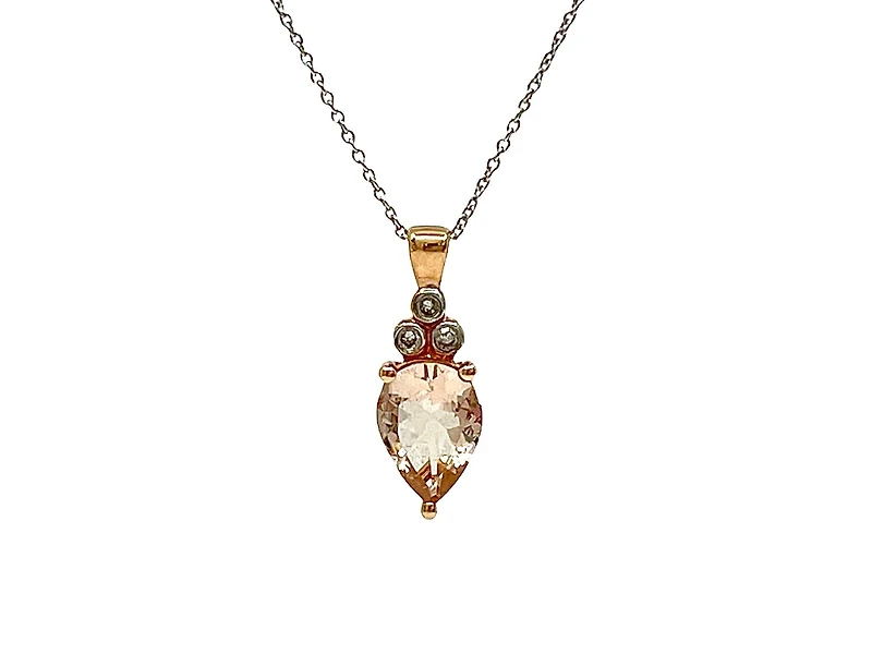 10K Rose Gold 8x6mm Pear Cut Morganite and Diamond Pendant, 18"