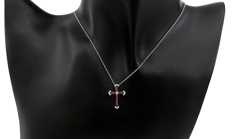 10K White Gold 0.18cttw Ruby and 0.07cttw Diamond Cross Pendant - 18 inches