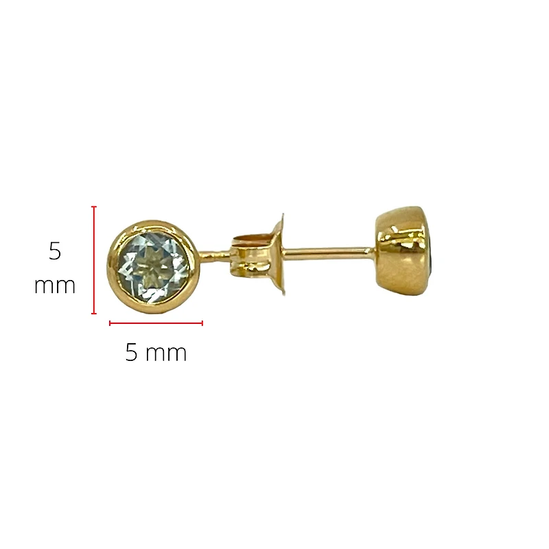 10K Yellow Gold 4.0mm Round Cut Aquamarine Bezel Set Stud Earrings