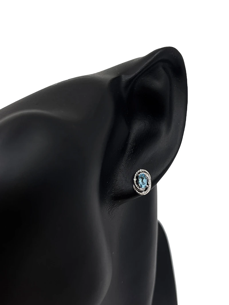 925 Sterling Silver Blue Topaz & Diamond Halo Stud Earrings