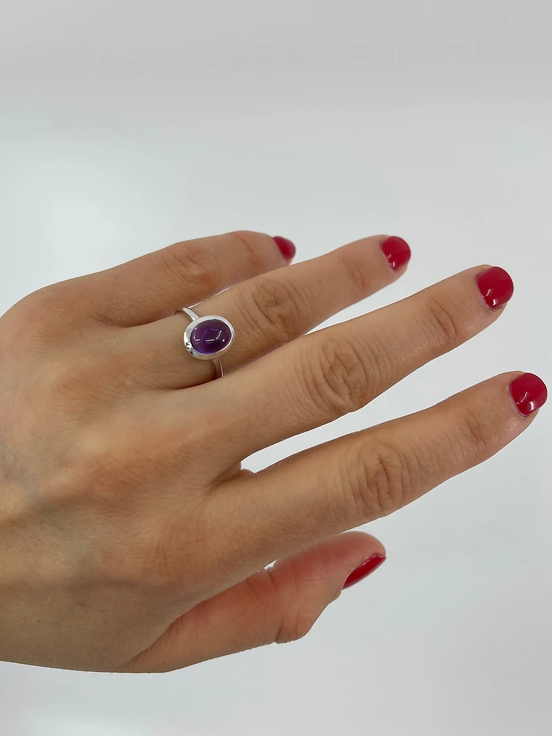 10K White Gold Genuine Cabochon Amethyst  Ring, size 6.5