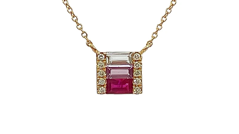 14K Yellow Gold Ruby, Pink Sapphire, White Topaz and Diamond Necklace, 18"