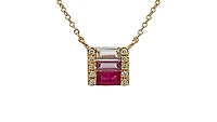 14K Yellow Gold Ruby, Pink Sapphire, White Topaz and Diamond Necklace, 18"