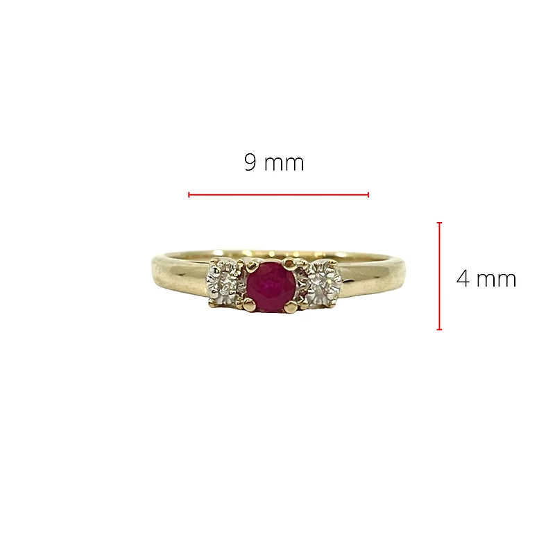 10K Yellow Gold Ruby and Diamond 3 Stone Ring - Size 6