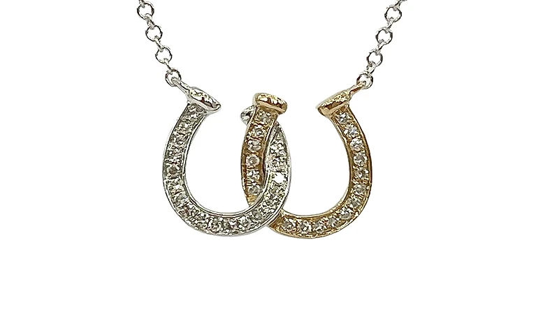 14K White & Yellow Gold 0.11cttw Diamond Double Horseshoe Pendant, 18"